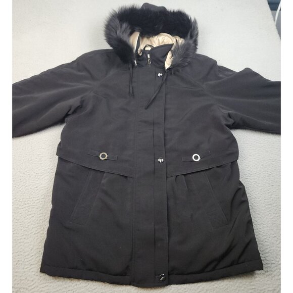 Women's Black Parka Jacket Large Faux Fur Lined Hood Gold Trim Preppy Cozy Layer - Picture 9 of 11